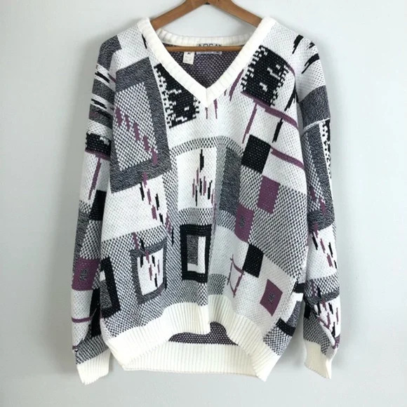 VTG NWT M 80's deadstock v-neck purple gray sweater pullover 0452 unisex sears